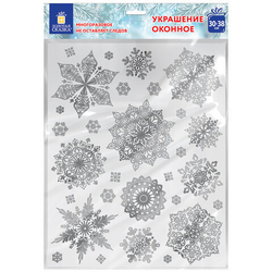 Наклейка для окон НГдвустор. МНОГОРАЗОВАЯ 30*38см Снежинки фольга,серебро 1шт.
