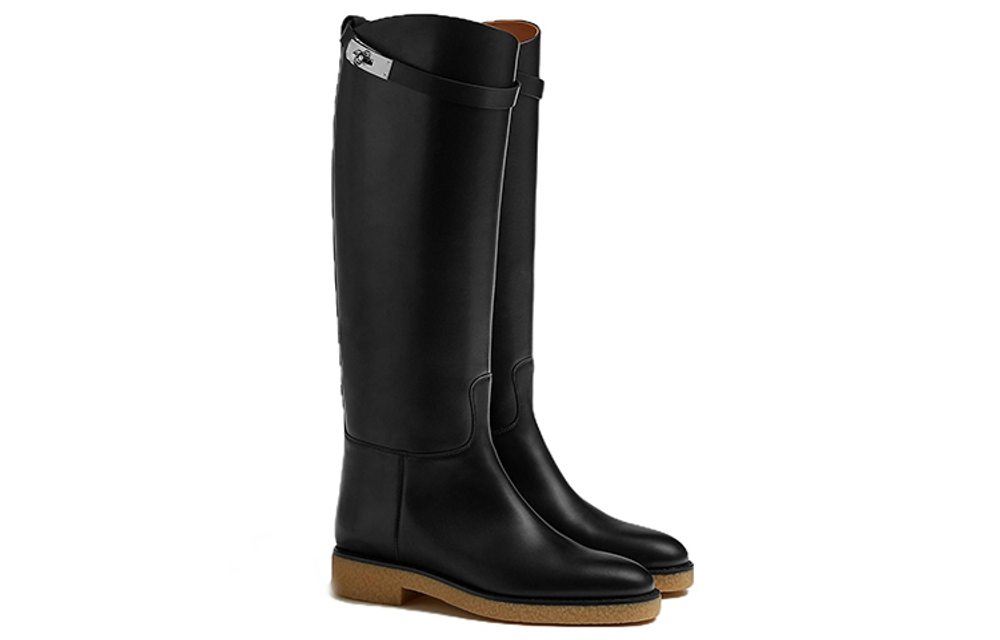 HERMES Faustine Cow Leather Knee high Boots Women"s Black
