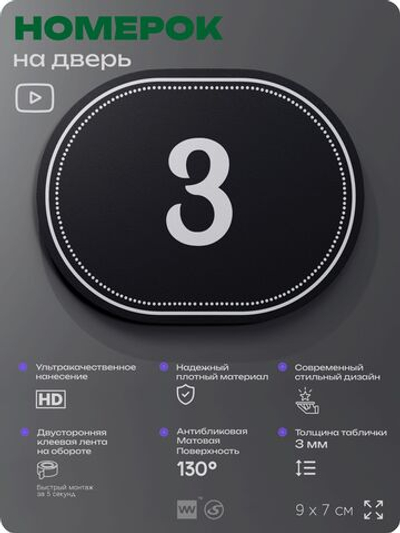 Номерок на дверь квартиры 3, для кабинета, офиса, шильдик 9 х 7 см, черный, Айдентика Технолоджи