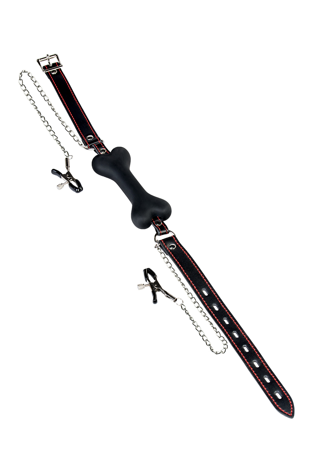 Кляп-трензель TOYFA Theatre в виде косточки с зажимами для сосков чёрный