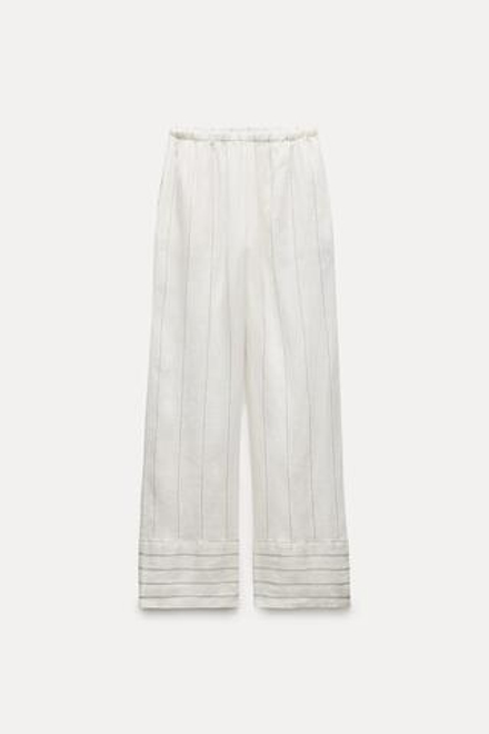 ZARA БРЮКИ ИЗ 100% ЛЬНА В ПОЛОСКУ, БЕЛЫЙ