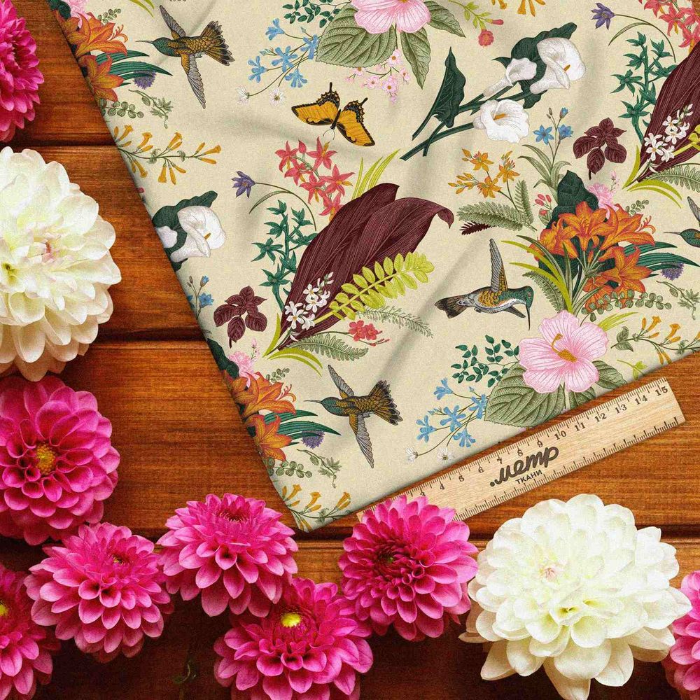 Ткань интерлок колибри в цветах