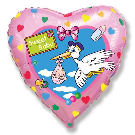 Ф 18" Сердце Аист Розовый