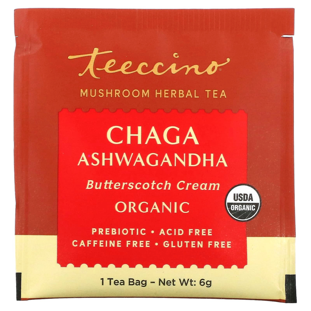 Teeccino, грибной травяной чай, чага и ашваганда, крем из ириски, без кофеина, 10 чайных пакетиков, 60 г (2,12 унции)