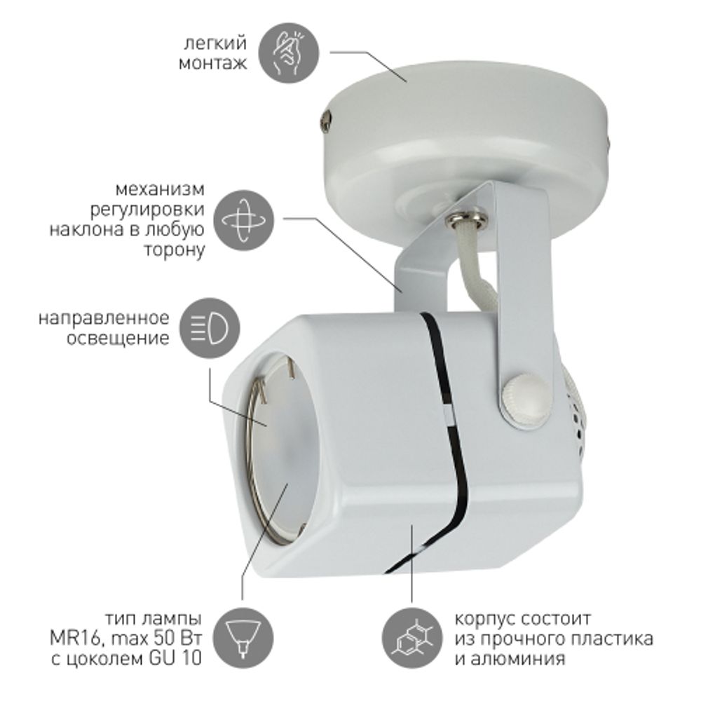 Светильник настенно-потолочный спот ЭРА OL3 GU10 WH под лампу MR16 GU10 белый | Накладные светильники