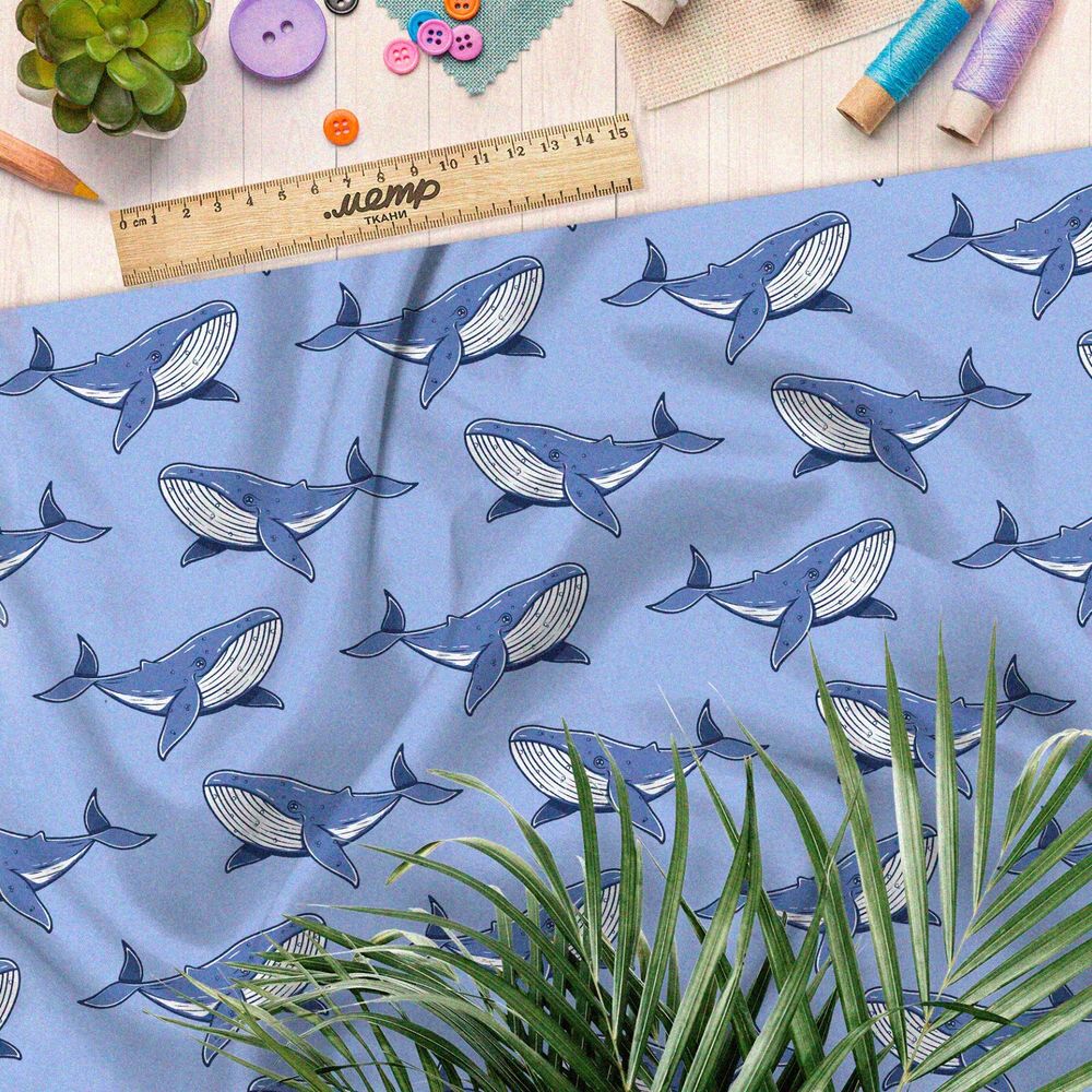 Ткань оксфорд 210 киты на голубом фоне