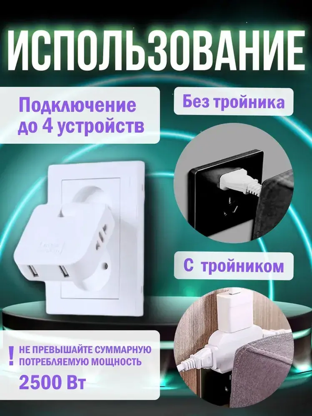 Тройник для розетки плоский с usb 2,0 усиленный поворотный разветвитель электрический на 16А ElectroMag