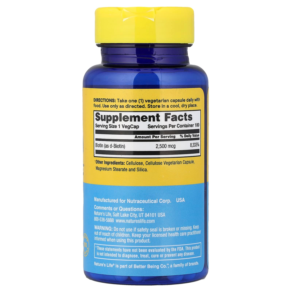 Nature's Life, бодрящий биотин, 2500 мкг, 100 растительных капсул