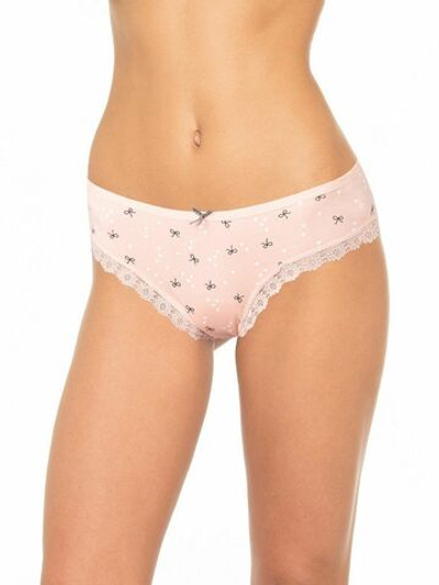 Трусики-слипы с кружевной оторочкой и принтом в виде бантиков и сердечек (Размер: L) (Цвет: персиковый)