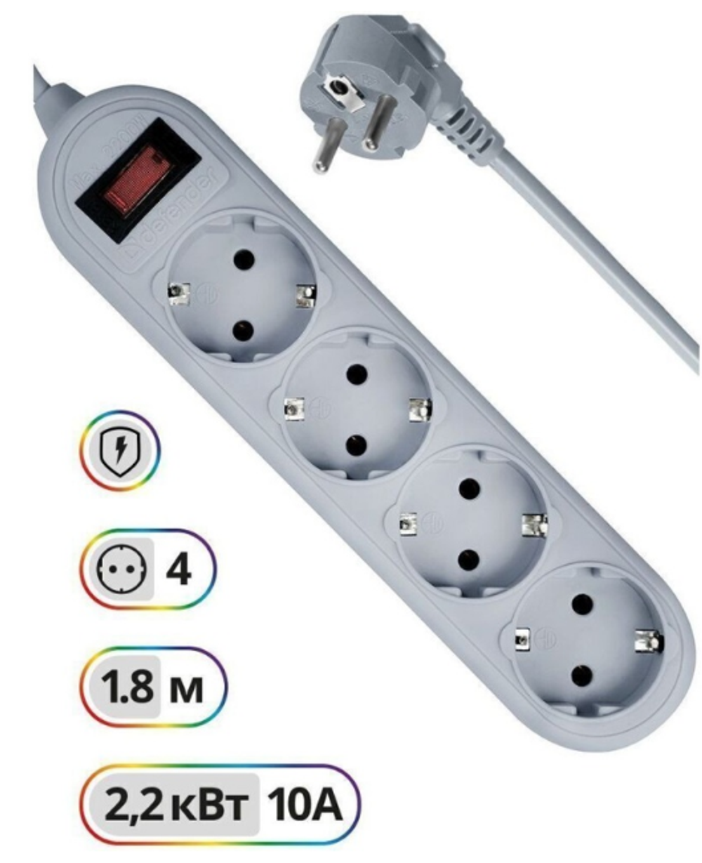 Фильтр питания 4-розетки 1,8-метра 10А Defender