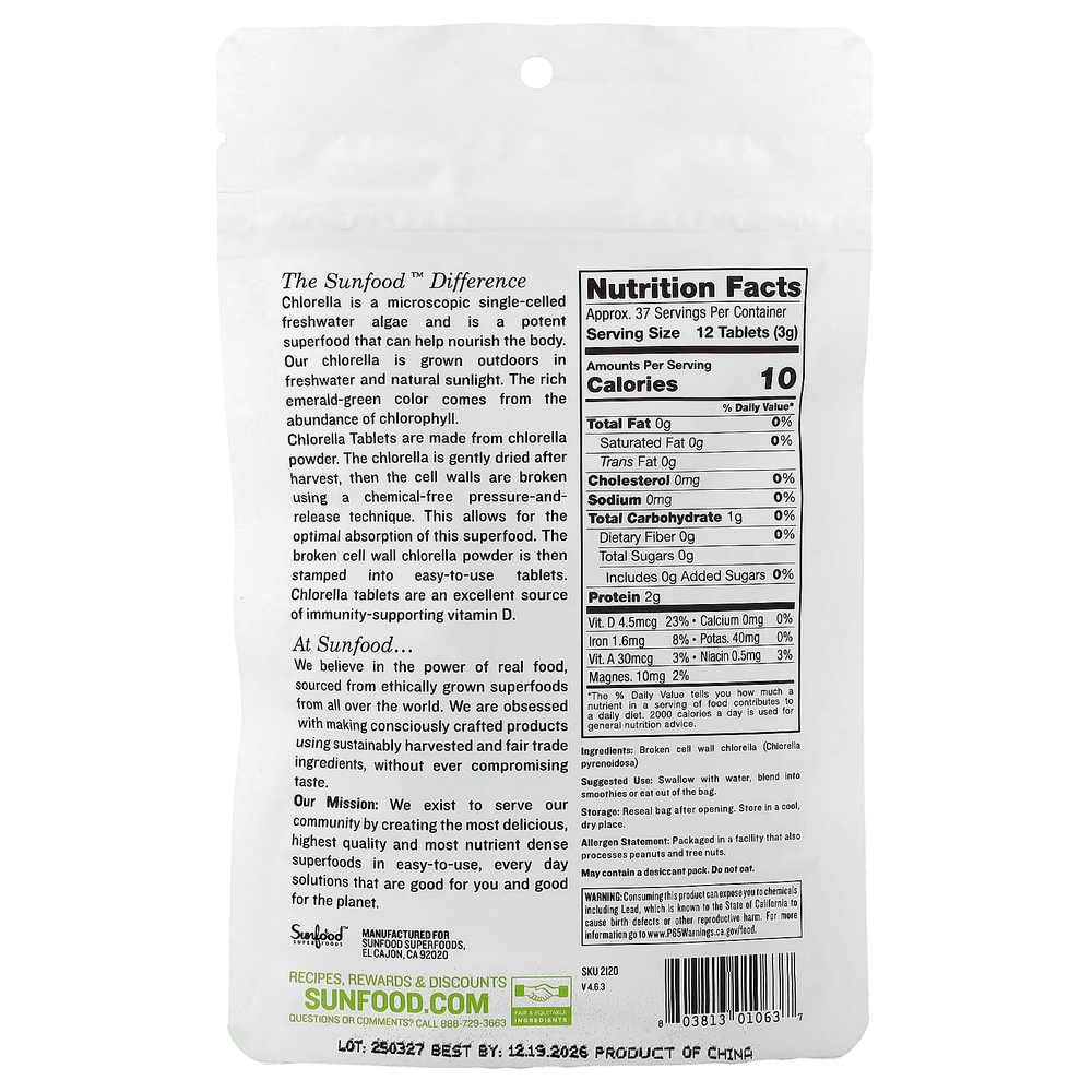 Sunfood, хлорелла в таблетках с разрушенной клеточной стенкой, 452 таблетки, 113 г (4 унции)