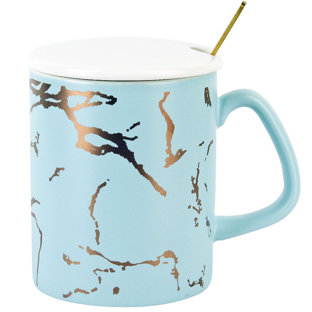 Кружка с крышкой и ложкой "Голубой  " (голубой) v=380 мл (подарочная упаковка)