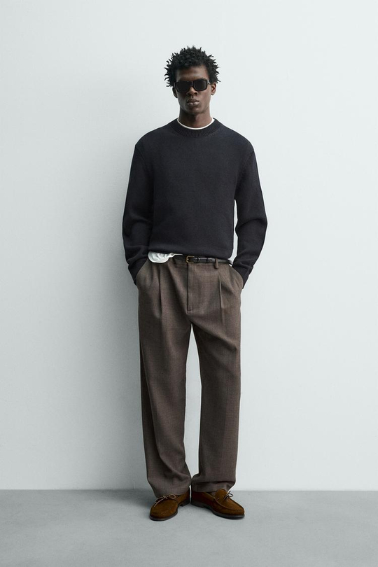 ZARA БРЮКИ ИЗ ШЕРСТИ С ЗАЩИПАМИ, СЕРО-КОРИЧНЕВЫЙ