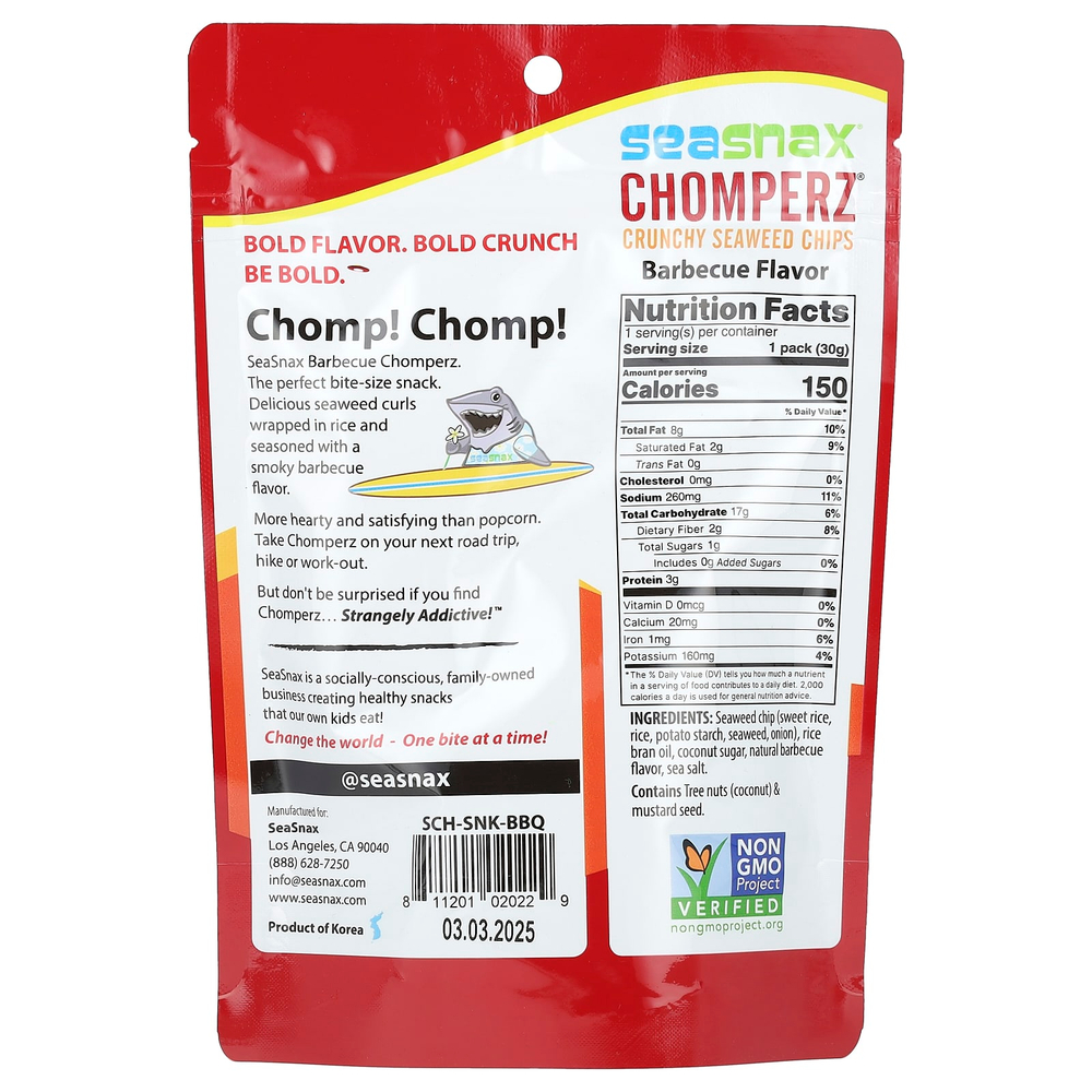 SeaSnax, Chomperz, хрустящие чипсы из морских водорослей, со вкусом барбекю, 1 унция (30 г)