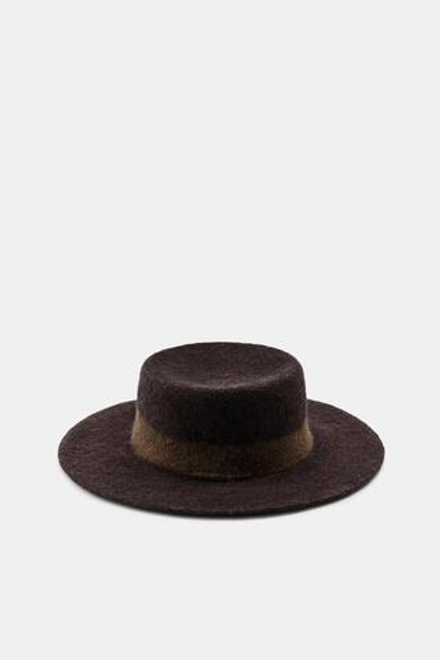 ZARA ШЛЯПА С ШЕРСТЯНОЙ КОНТРАСТНОЙ ПОЛОСОЙ, КОРИЧНЕВЫЙ