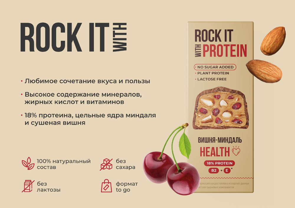 Rock it Батончик протеиновый с миндалем и вишней в шоколаде, 40гр