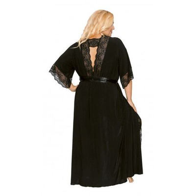 Длинный пеньюар plus size с изящным кружевом и атласным поясом (Размер: 5X) (Цвет: черный)