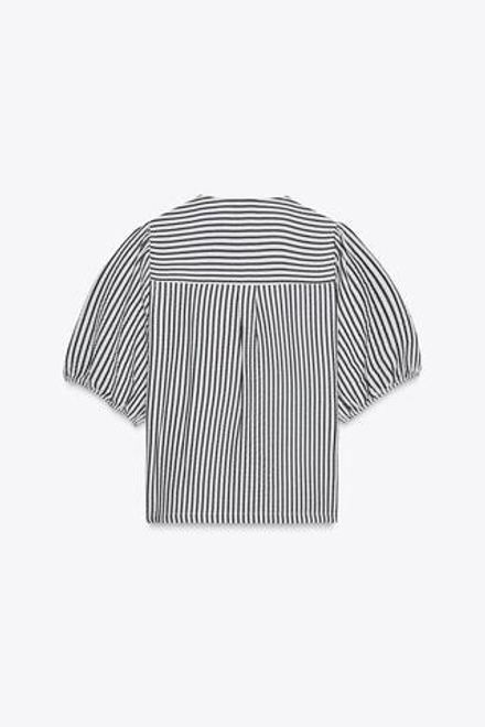 ZARA БЛУЗА ЛЬНЯНАЯ С ЗАВЯЗКАМИ, ЭКРЮ/ТЕМНО-СИНИЙ