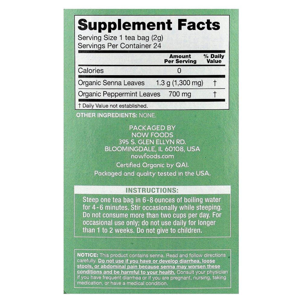 NOW Foods, органический чай из сенны и мяты, без кофеина, 24 чайных пакетика, 48 г (1,7 унции)