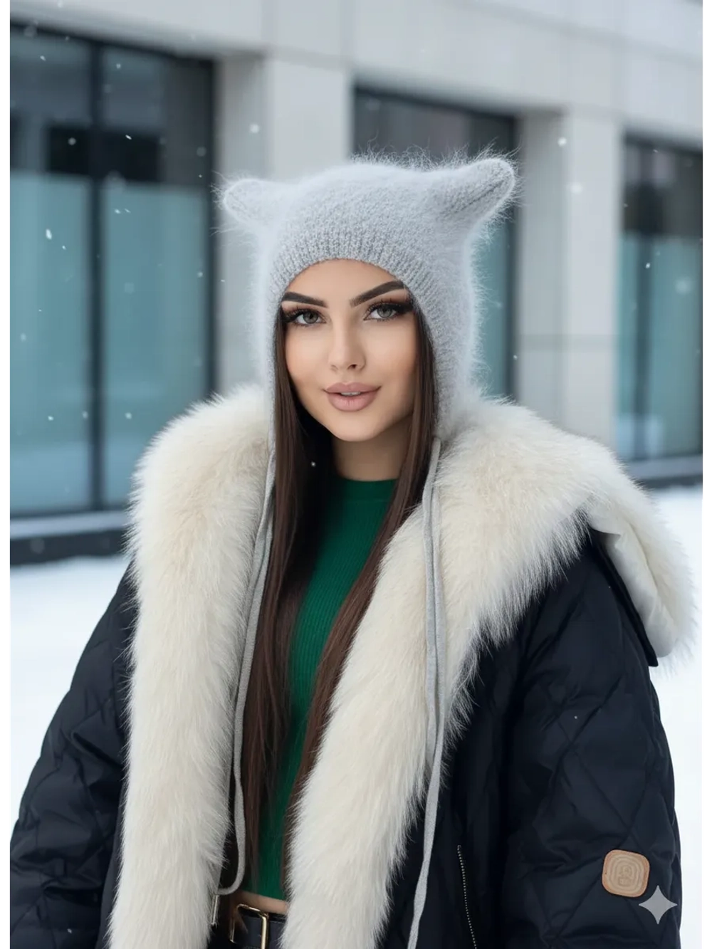 Шапка с ушками зимняя ангора вязаная