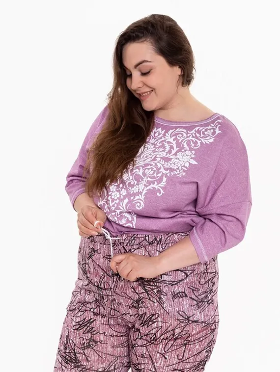 Брюки женские с принтом, цвет розовый с черн рисунком, размер 48