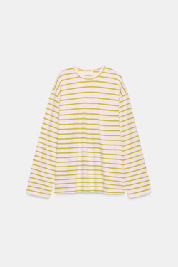 ZARA ФУТБОЛКА ИЗ ХЛОПКА И ЛЬНА В ПОЛОСКУ, ПАСТЕЛЬНО-РОЗОВЫЙ