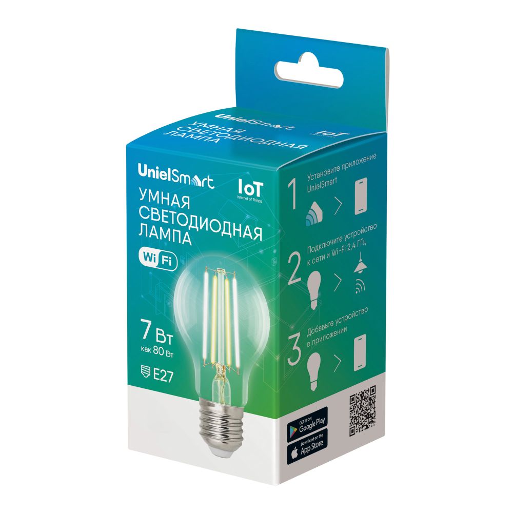 LED-A60-7W-SW-E27-230V-WF-CL GLS81TR Умная лампа светодиодная Wi-Fi+Bluetooth. диммируемая. Форма А. прозрачная. Стеклянная колба. 2700-6500K. Голосовое управление+приложение UnielSmart. TM Uniel