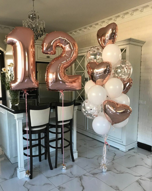 Букет шаров Розовое-Золото с Цифрой 12
