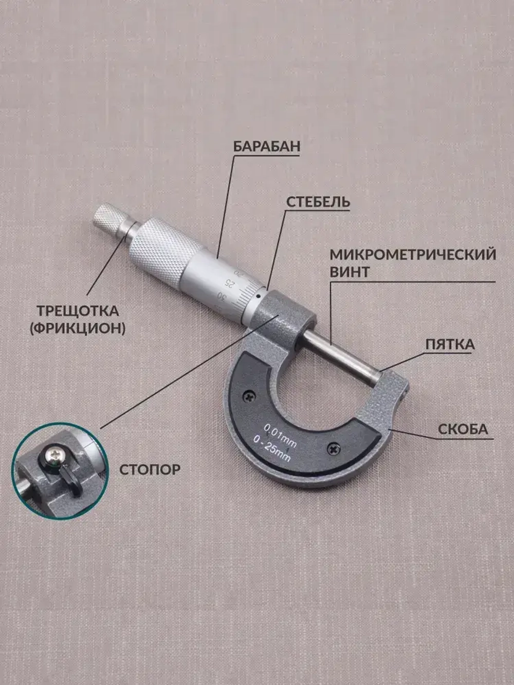 Микрометр нониусный 0-25 мм, 0,01 мм, SKATA