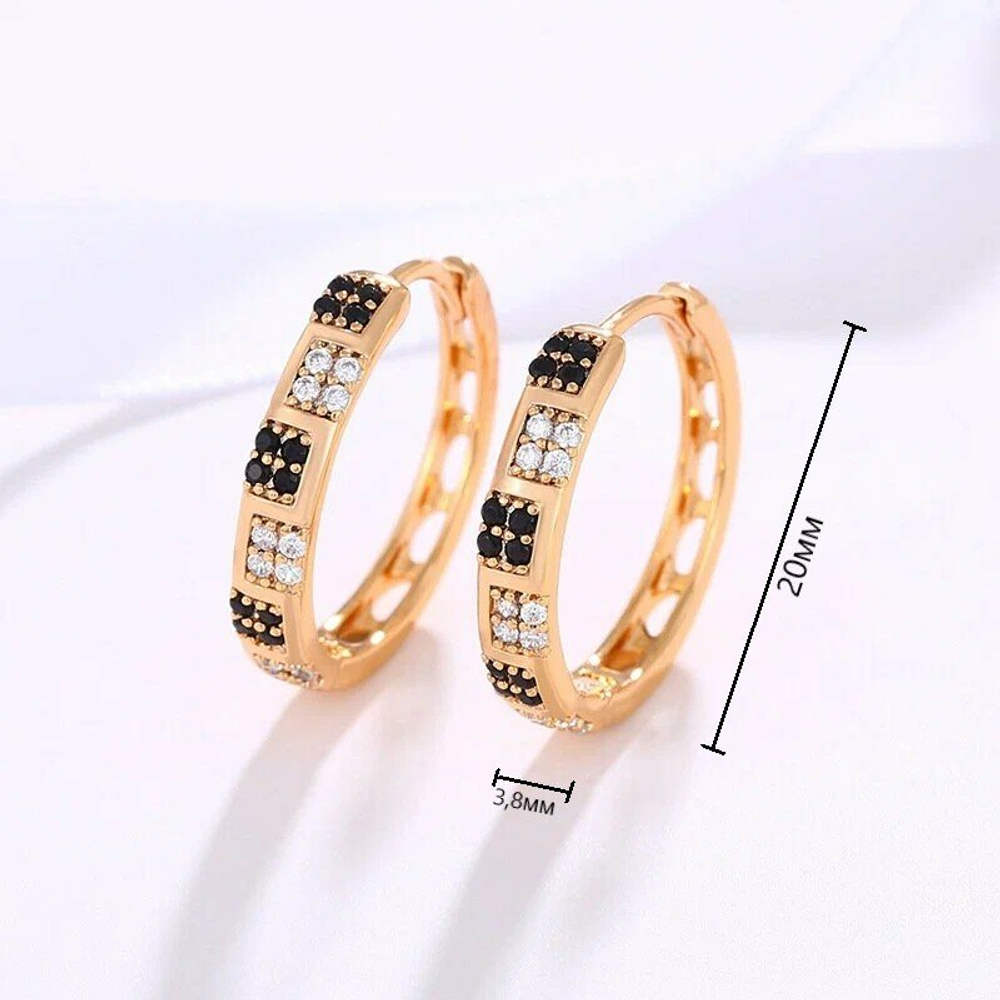 Серьги сережки кольца с камешками бижутерия, Черные камни, золото