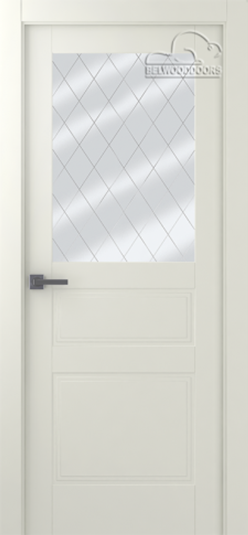 Дверь Инари / Цвет Эмаль жемчуг / Мателюкс белый витраж / Двери Belwooddoors