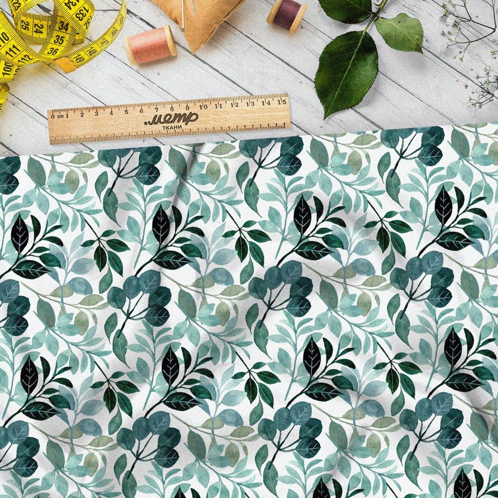 Ткань лен акварельные листочки и цветочки