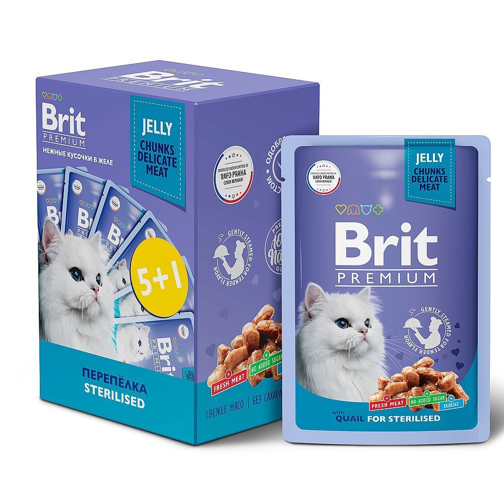 Брит Premium Паучи 5+1 Промо-Набор Паучи д/взрослых стерилизованных кошек перепелка в желе 85г