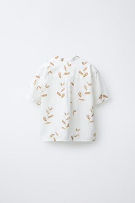ZARA РУБАШКА С ВОРОТНИКОМ-СТОЙКОЙ И ПРИНТОМ «ЛИСТЬЯ», СВЕТЛО-БЕЖЕЫЙ