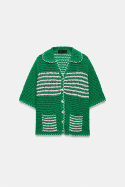 ZARA КАРДИГАН ПОЛО ВЯЗАНЫЙ В ПОЛОСКУ, ЗЕЛЕНЫЙ