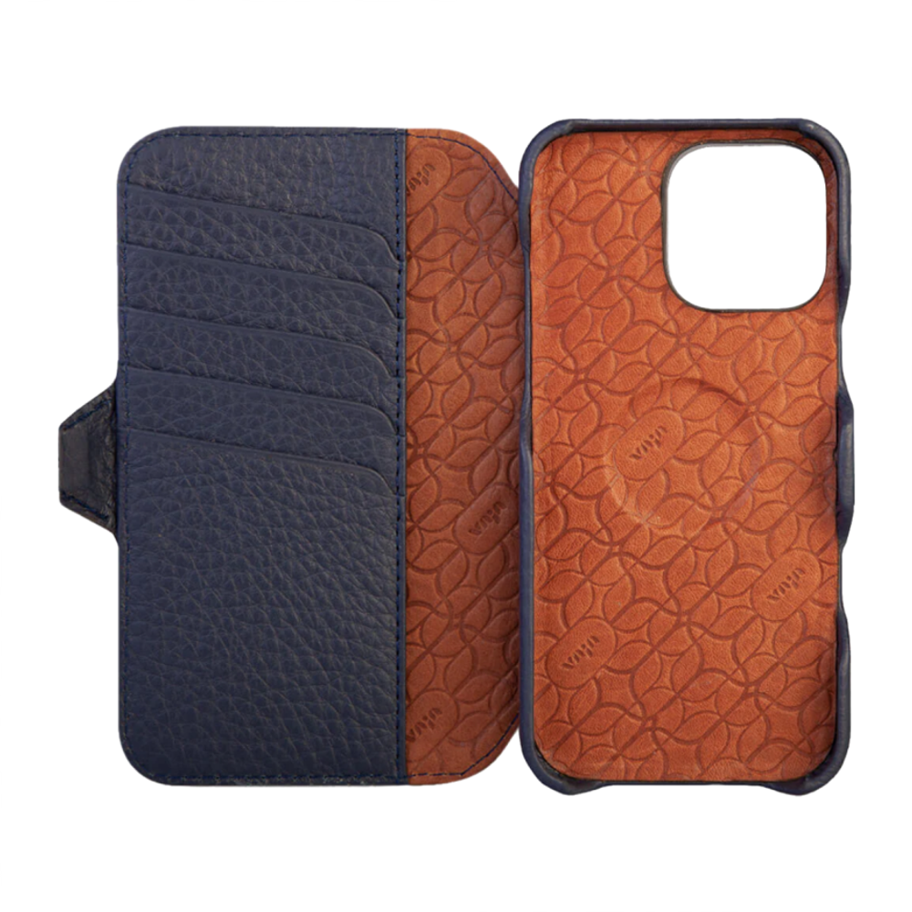 Кожаный чехол-книжка MagSafe Vaja Wallet Floater V-Mag для iPhone 16 Pro Max Чехол ручной работы из натуральной патагонской кожи «флотер» с магнитной застёжкой. Вмещает до пяти карт. Есть RFID-защита