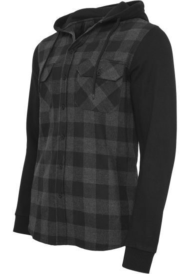 Рубашка URBAN CLASSICS Hooded Checked Flanell Sweat Sleeve Shirt (Black/Charcoal/Black)