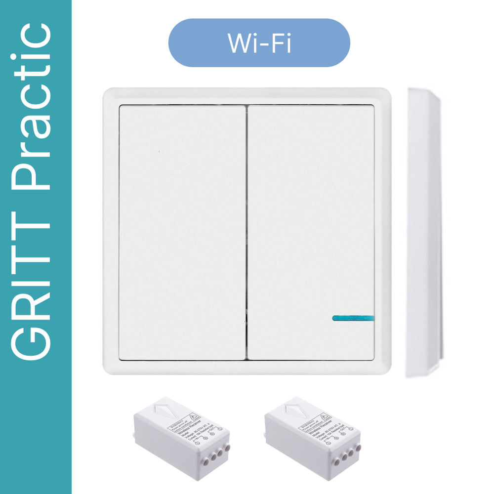 Умный беспроводной выключатель GRITT Practic 2кл. белый комплект: 1 выкл. IP67, 2 реле 1000Вт 433 + WiFi с управлением со смартфона, A181202WWF