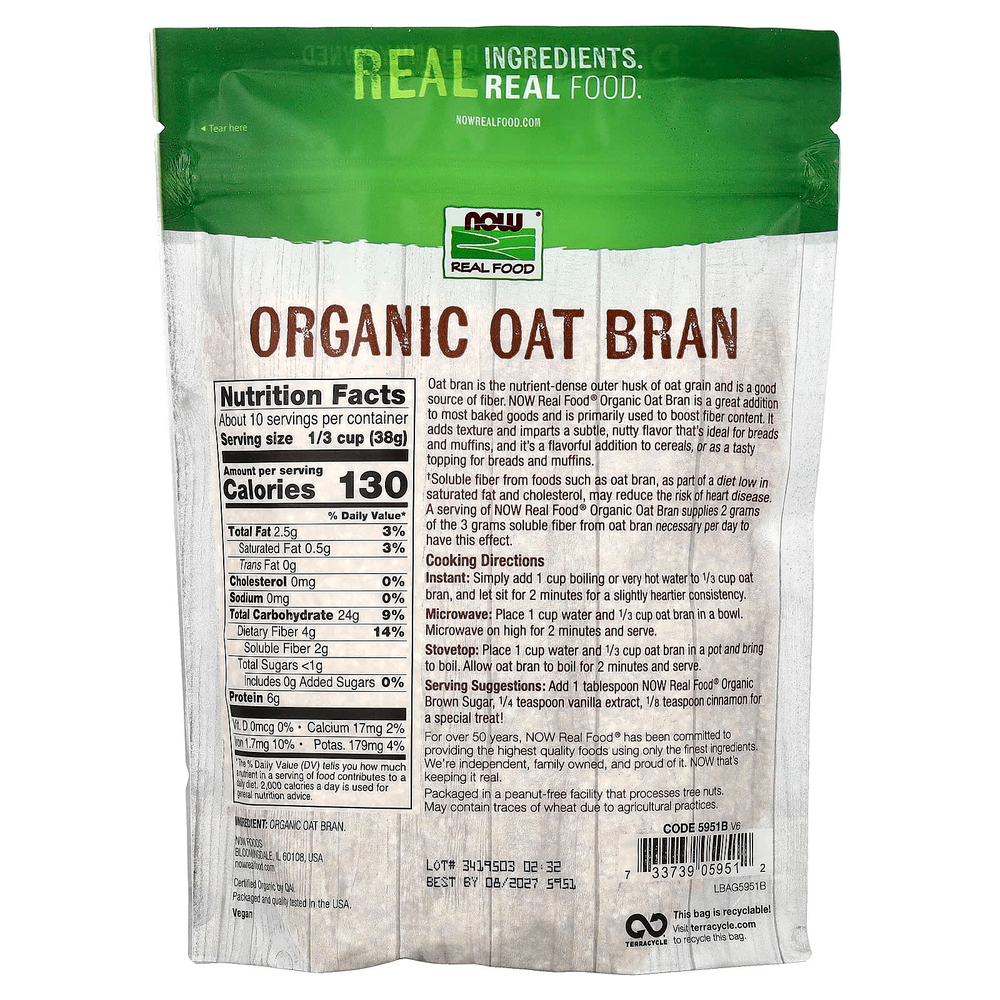 NOW Foods, Real Food, органические овсяные отруби, 397 г (14 унций)