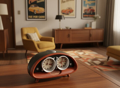 Настольные часы «Гараж 59» - ретро-дизайн 50-60-х годов, ручная работа, два циферблата, хром, лак, подарок для коллекционеров и поклонников ретро-авто