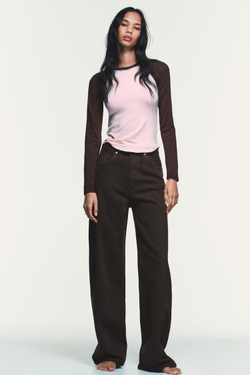 ZARA ФУТБОЛКА РЕГЛАН С КОНТРАСТНЫМИ ДЕТАЛЯМИ, ОТТЕНКИ КОРИЧНЕВОГО