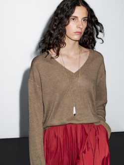 Massimo Dutti Вязаный свитер с длинными рукавами и V-образным вырезом, коричневый