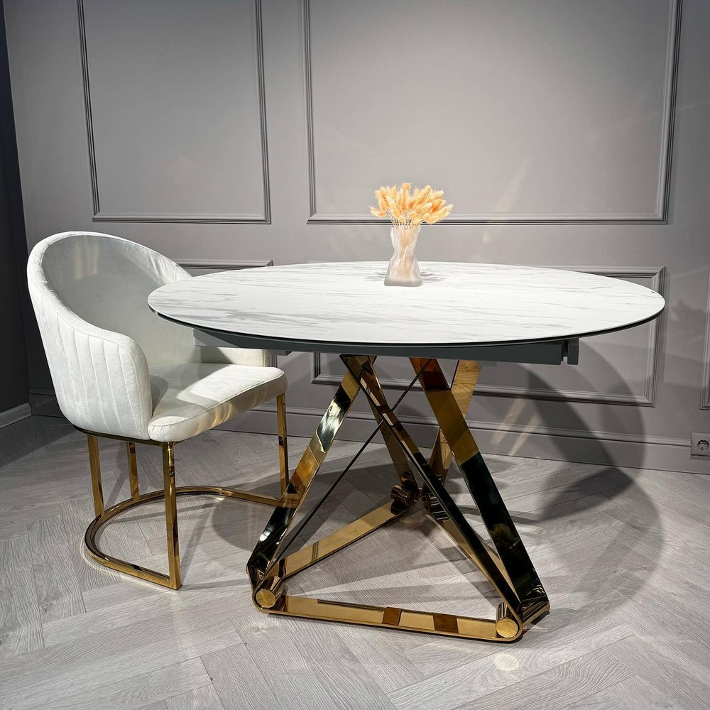 Стол обеденный Ist Casa раскладной Рондо Голд, 120(+30+30)х76 см, белая керамика, золото