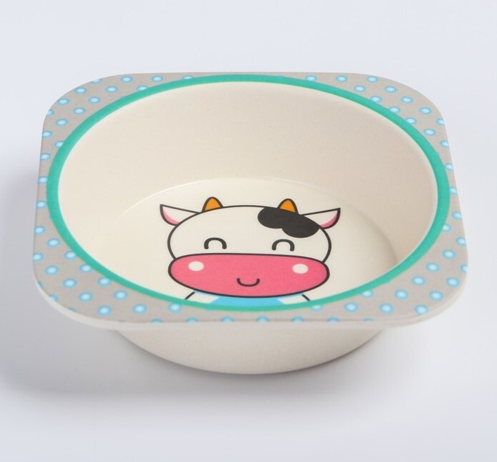 4611371 Набор бамбуковой посуды "Коровка", тарелка, миска, стакан, приборы, 5 предметов