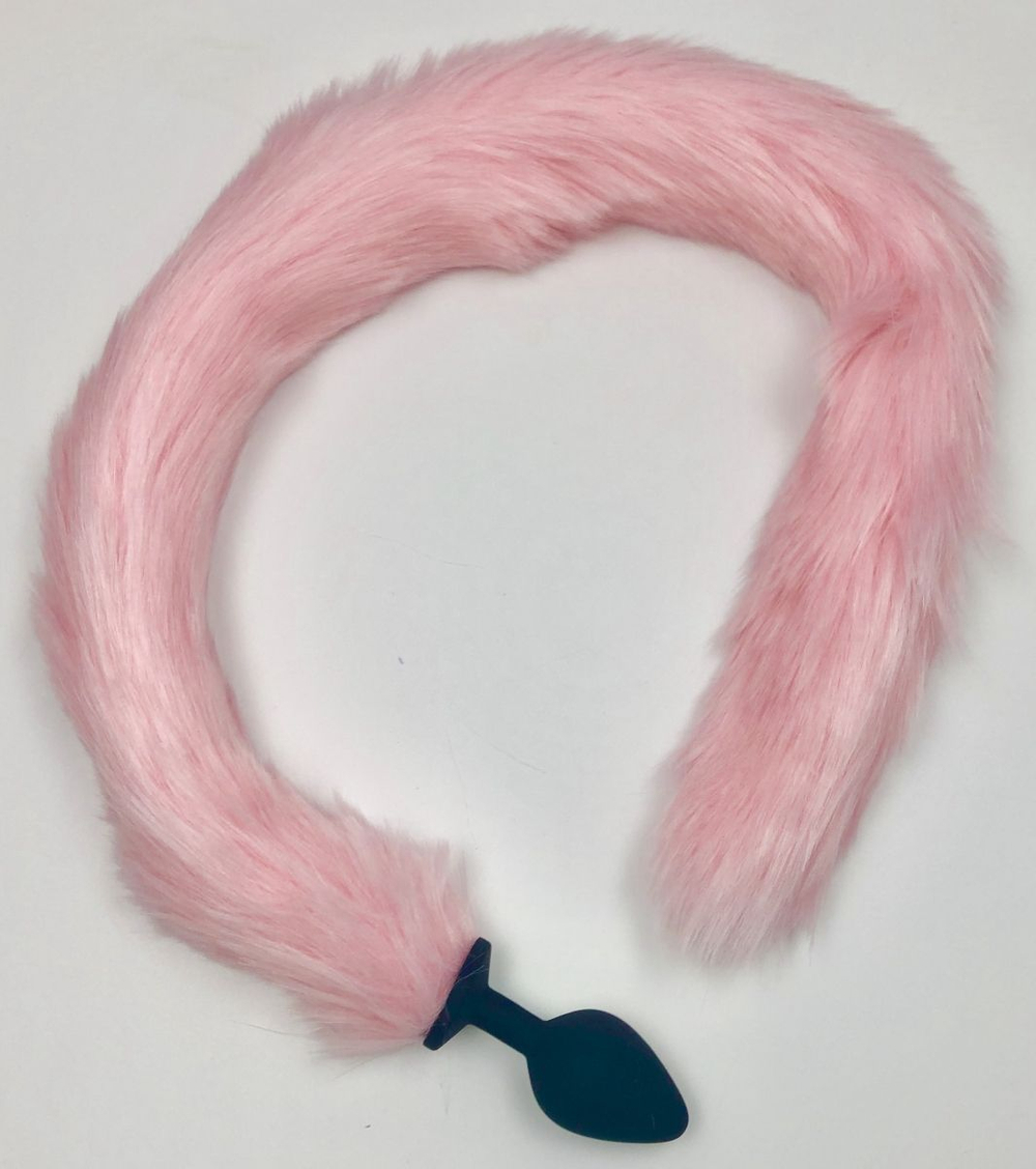 Синяя силиконовая анальная пробка с розовым хвостиком - размер L (Цвет: синий с розовым)