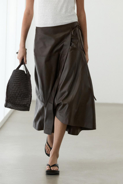 Massimo Dutti Юбка-миди из кожи наппа с завязками, коричневый