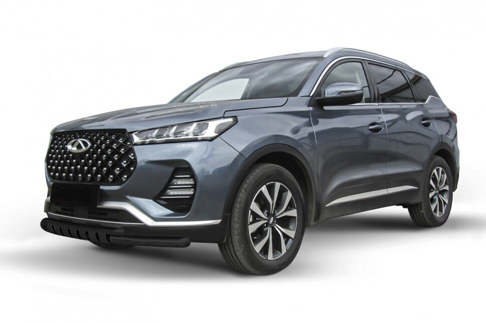 Защита переднего бампера (нержавейка) Chery Tiggo 7 Pro (2020-2023) d57+d42 с декор элем (черный)