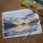 Картина акварельная авторская в паспарту 21х30 см на стену для интерьера "Закат над"