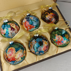 Сувенирный набор из 6-ти коллекционных ёлочных шаров " Сказки" с ручной росписью Палех