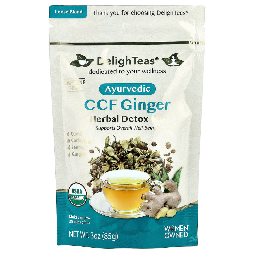DelighTeas, Аюрведический чай с имбирем и травами для детоксикации CCF, рассыпчатая смесь, без кофеина, 85 г (3 унции)